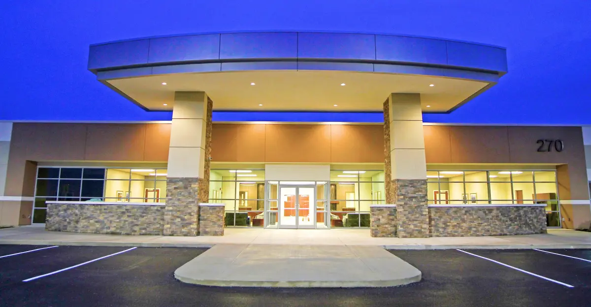 Entrance to Cumberland Hall Hospital at night